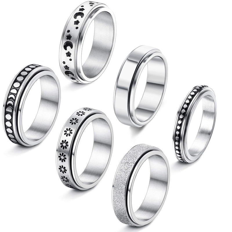 [Australia] - FIBO STEEL 6Pcs Stainless Steel Spinner Ring for Women Fidget Band Rings Moon Star Sand Blast Finish Ring Set for Stress Relieving Wedding Promise Size 5-11 6 