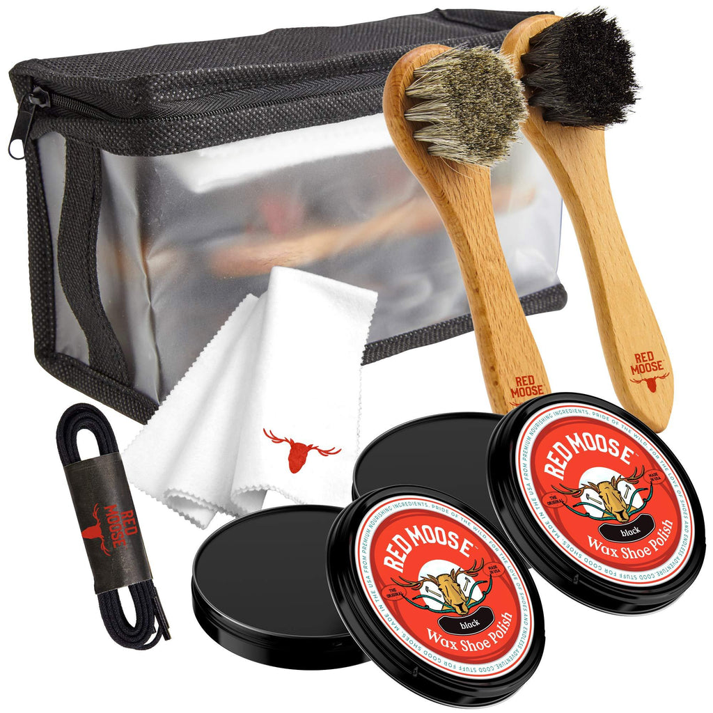 [Australia] - Full Leather Wax Shoe Polish Kit - 2x Brush, Buffing Cloth, Travel Case, Laces - Red Moose Black 