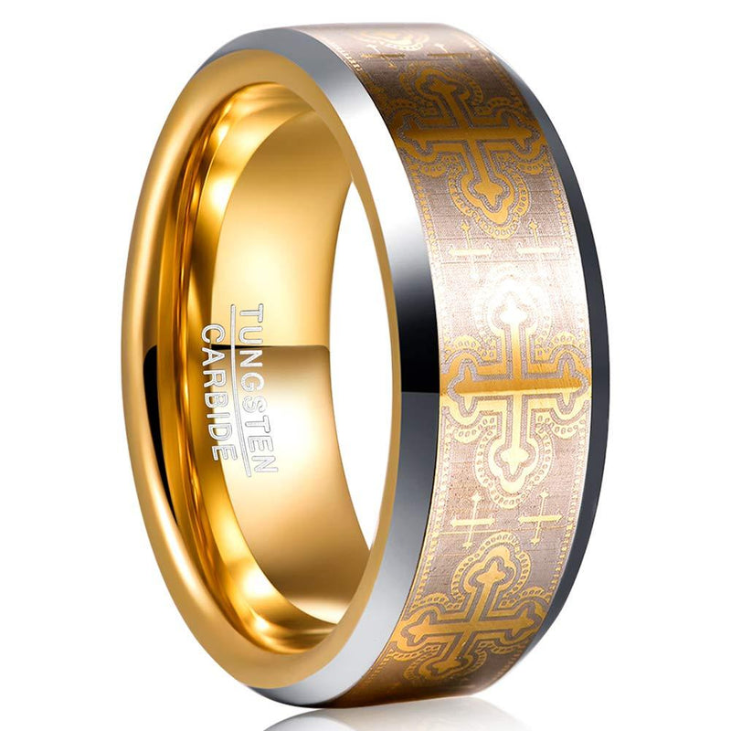 [Australia] - MEILING LINGMEI Mens 8mm Tungsten Carbide Rings Gold Plated Laser Cross Pattern Wedding Bands Comfort Fit Size 7-12 