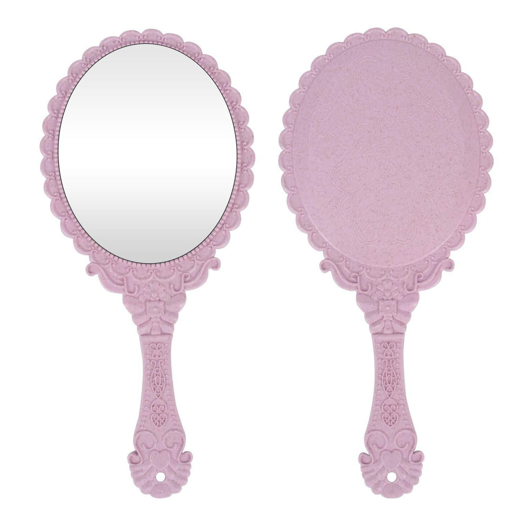 [Australia] - Vintage Handheld Mirror, Small Hand Held Decorative Mirrors for Face Makeup Embossed Flower Portable Antique Travel Personal Cosmetic Mirror with Powder Puff (Pink) 