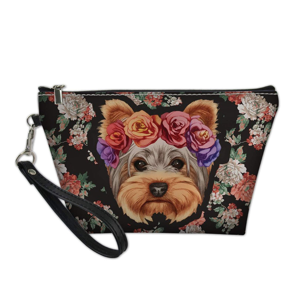[Australia] - Howilath Floral Yorkie Terrier Dog Trapezoid Makeup Bag Women Travel Shopping Clutch Bag Portable Cosmetic Bag 