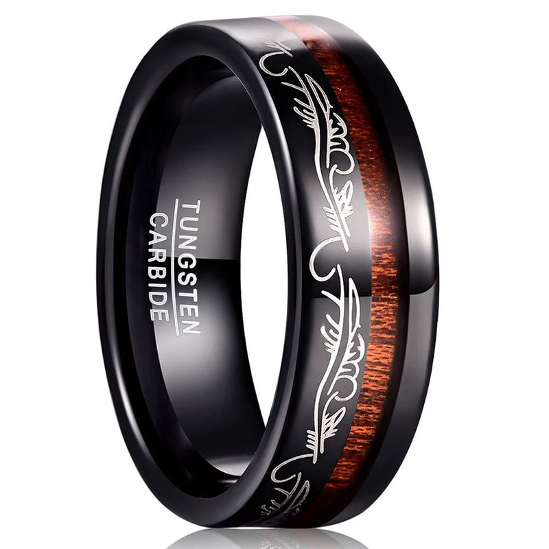 [Australia] - MEILING LINGMEI 8mm Men's Black Tungsten Carbide Wedding Band Koa Wood Inlay Flower Pattern Design Engagement Ring Comfort Size 7-12 