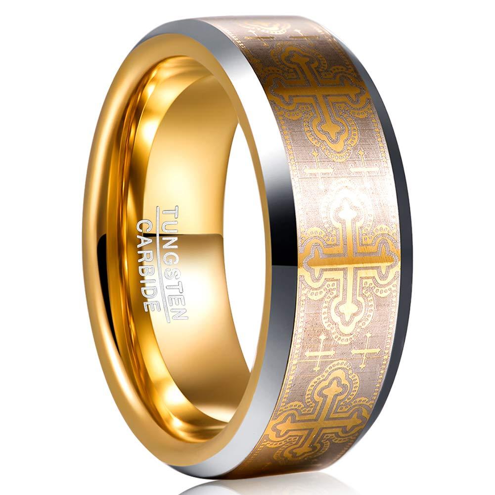[Australia] - MEILING LINGMEI Silver and Gold Tungsten Carbide Ring for Men Women Laser Cross Pattern Comfort Fit Wedding Band Beveled Edges Size 10 