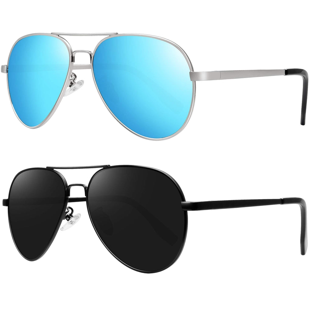 [Australia] - Kids Polarized Aviator Sunglasses for Boys Girls with Mirrored Lens UV Protection 2 Pack Black+blue 