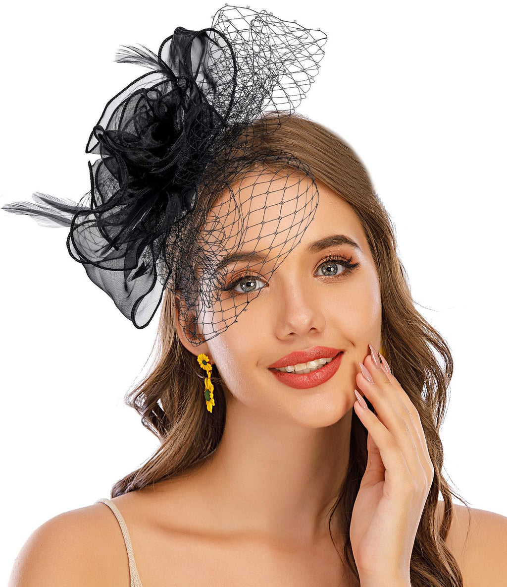 [Australia] - Fascinators Headband Tea Party Hats for Women Royal Wedding Hat Feather Mesh Hair Clip Kentucky Derby Hat 1-black 