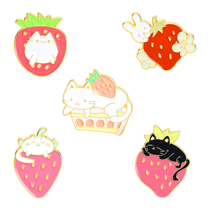 [Australia] - Sweet Strawberry Enamel Pins Set Cartoon Fruit Rabbit Cat Lapel Pins for Women Girl Cute Brooches Pin Badges for Clothing Backpacks 