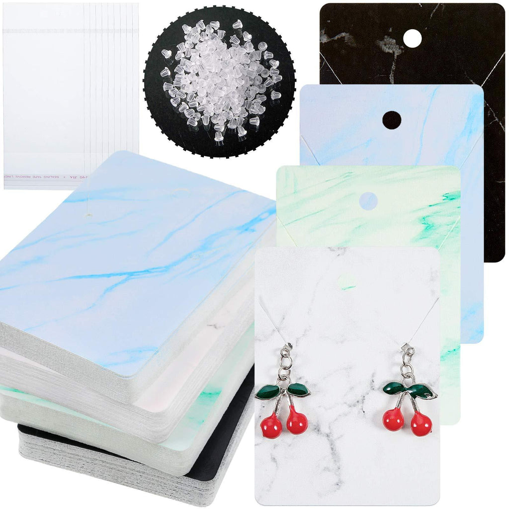 [Australia] - 800 Pieces Marble Design Earring Card Display Holder Set, Include 200 Marble Display Card in 4 Color 200 Self-Seal Bags 400 Earring Backs for Jewelry Display Packing White, Black, Blue, Green 