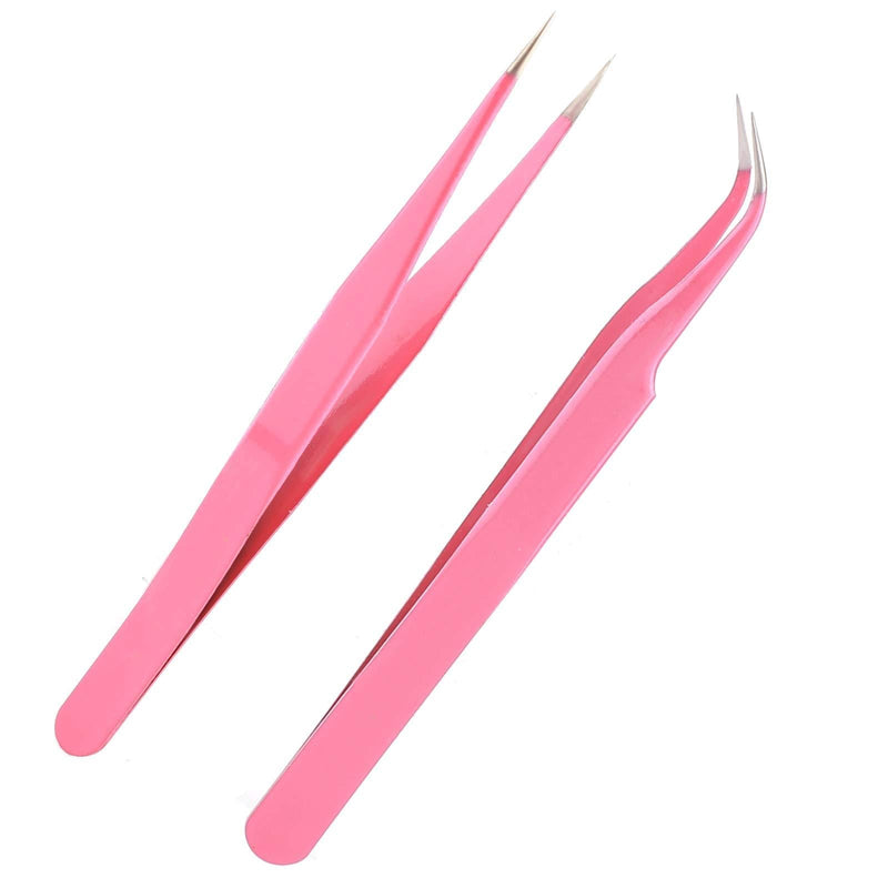 [Australia] - AIEX 2Pcs Lash Tweezers, Stainless Steel Eyelash Extension Tweezers Straight and Curved Tip Eyelash Tweezers (Pink) Pink 