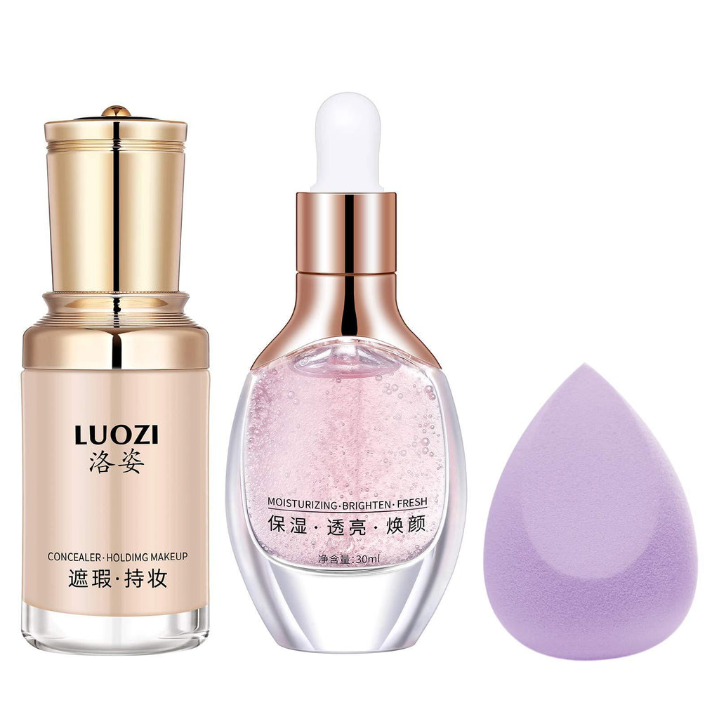 [Australia] - LUOZI Flawless Liquid Matte Foundation Full Concealer Makeup Organic with Moisturizer Essence Primer Cream Anti-aging for Dry Women Skin 3PCS SET-WHEAT FOUNDATION+CREAM+SPONGE 