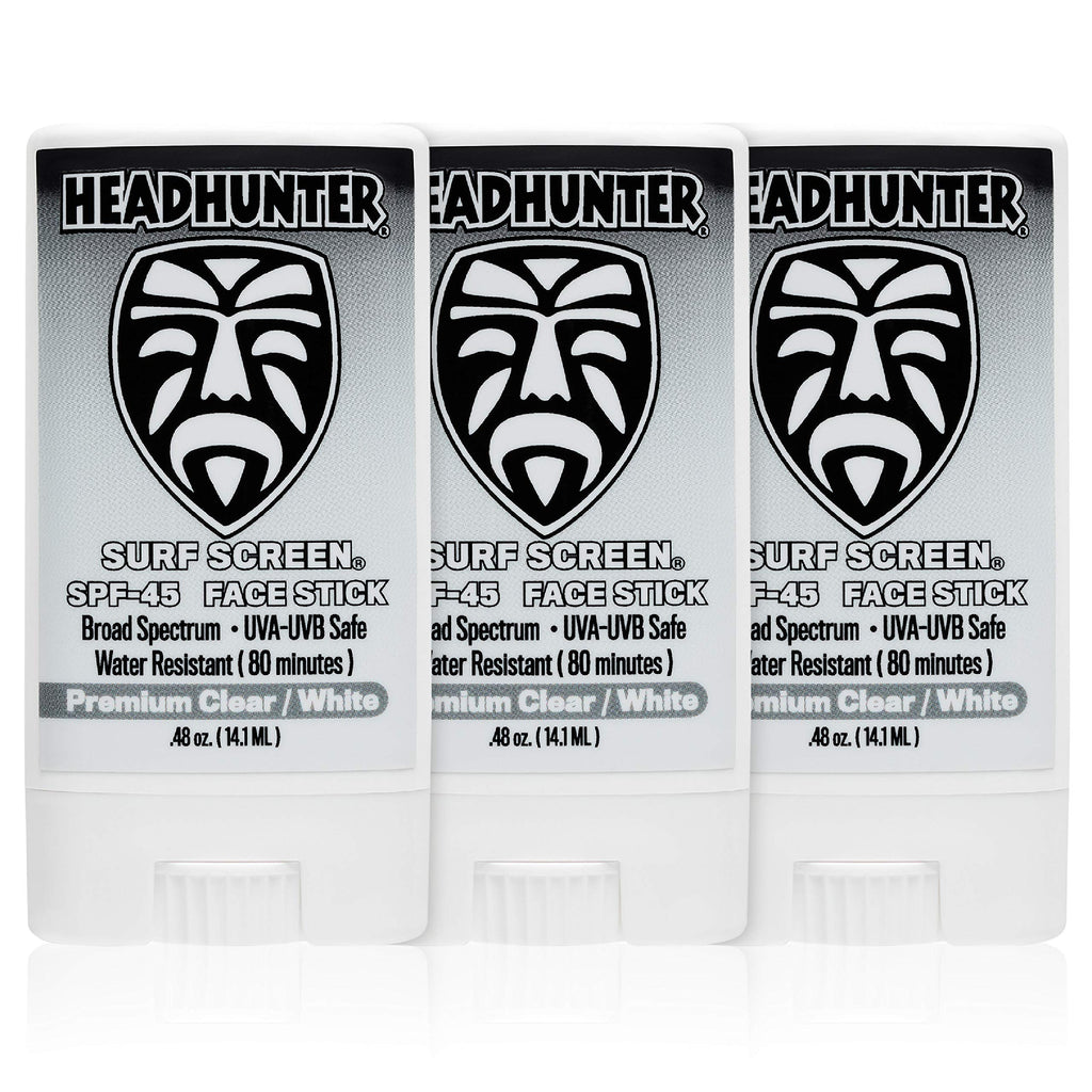 [Australia] - Headhunter Sunscreen Face Stick SPF 45, Waterproof Surf Sunblock for Waterman, Water-Resistant Facial Sunscreen for Ultra-Sport Protection and Solar Defense (80 min), Clear White (3 pack) 3 pack 