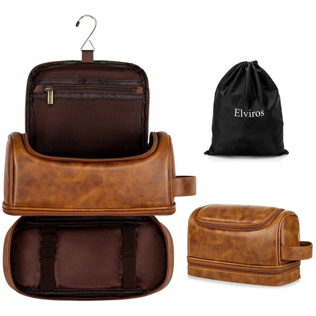 [Australia] - Elviros Toiletry Bag, Mens Leather Travel Organizer Kit with hanging hook, Large Water-resistant Toiletries Bathroom Shaving Bags for Women, and one Drawstring Shoes Bag (Brown) Brown 
