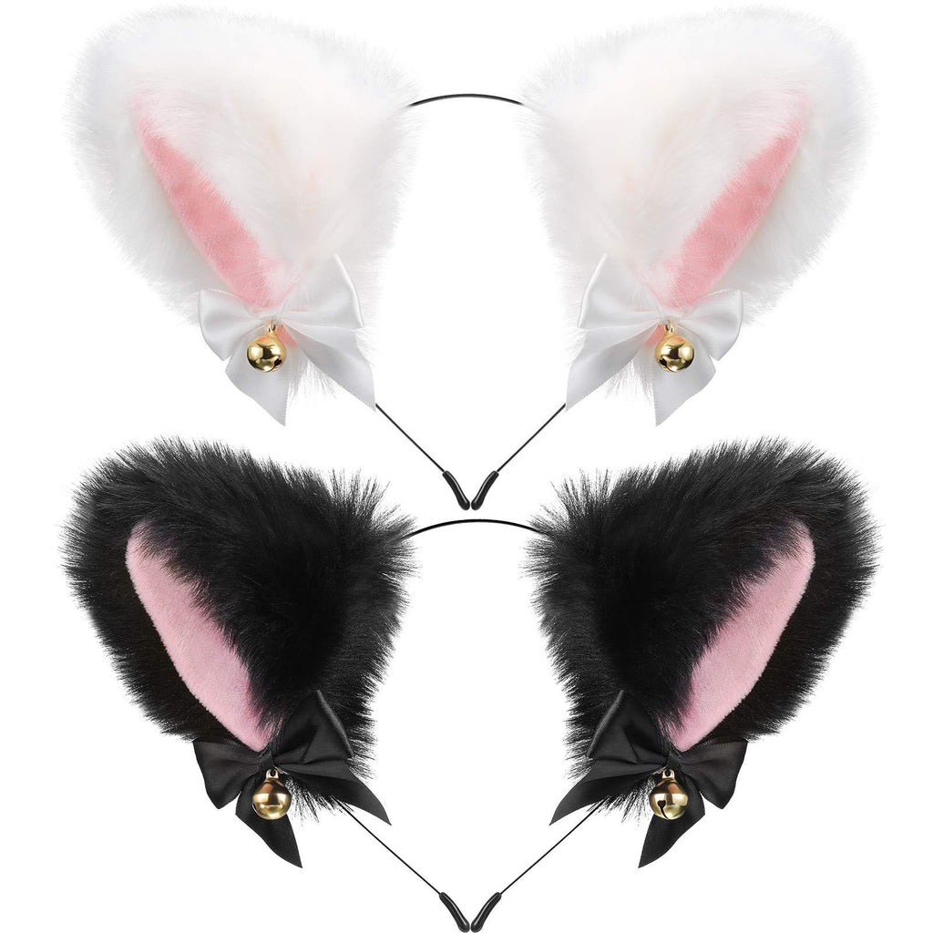 [Australia] - 2 Pieces Cat Ear Headband with Bells Cosplay Girl Plush Furry Cat Ears Headwear Fancy Dress Cat Ear Hairband for Costume Party White, Black 
