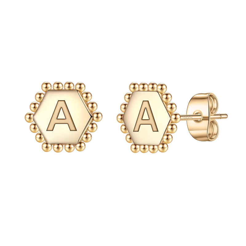 [Australia] - Initial Stud Earrings for Girls, S925 Sterling Silver Post Alphabet Heart Disc Hexagon Earrings Gold Plated Hypoallergenic Initial Earrings Toddler Earrings for Girls Kids Sensitive Ears Hexagon Gold A 