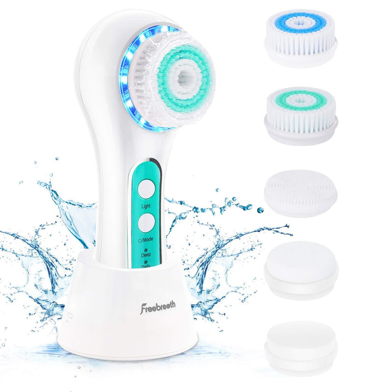 [Australia] - Facial Cleansing Brush, IPX7 Waterproof Face Scrubber with 3 Speed Modes, Face Brushes for Cleansing and Exfoliating with 5 Brush Heads, Removing Blackhead, Fully Rechargeable Green 