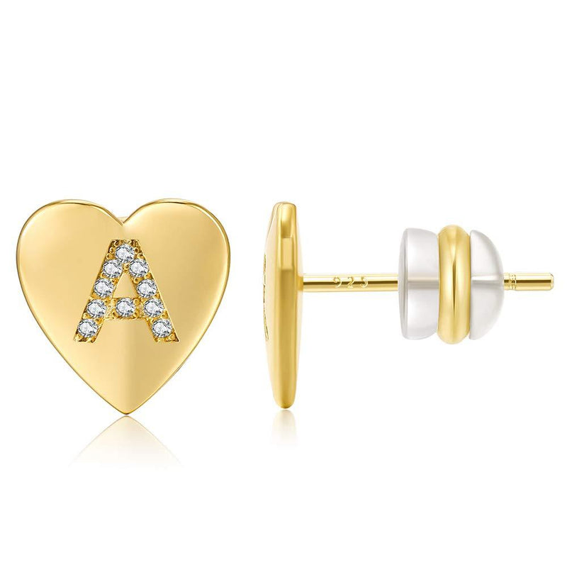 [Australia] - KissYan Heart Initial Stud Earrings, 14k Gold Plated 925 Sterling Silver Post Hypoallergenic CZ Alphabet Letter Earrings Fashion Jewelry Gift for Women Girls A-Gold 