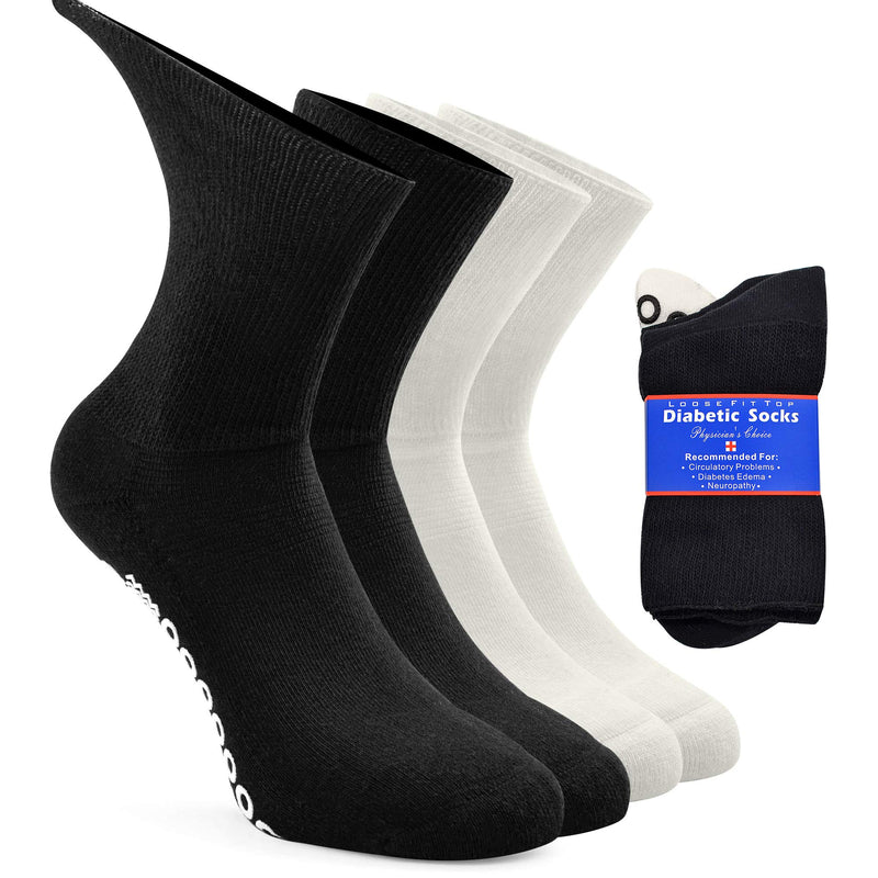 [Australia] - Non-Skid Diabetic Socks for Men Women with Grips, Socks Daze Non-Binding Crew Circulation Half Cushioned Non Slip Socks 9-11 2 Pairs Black+2 Pairs White 