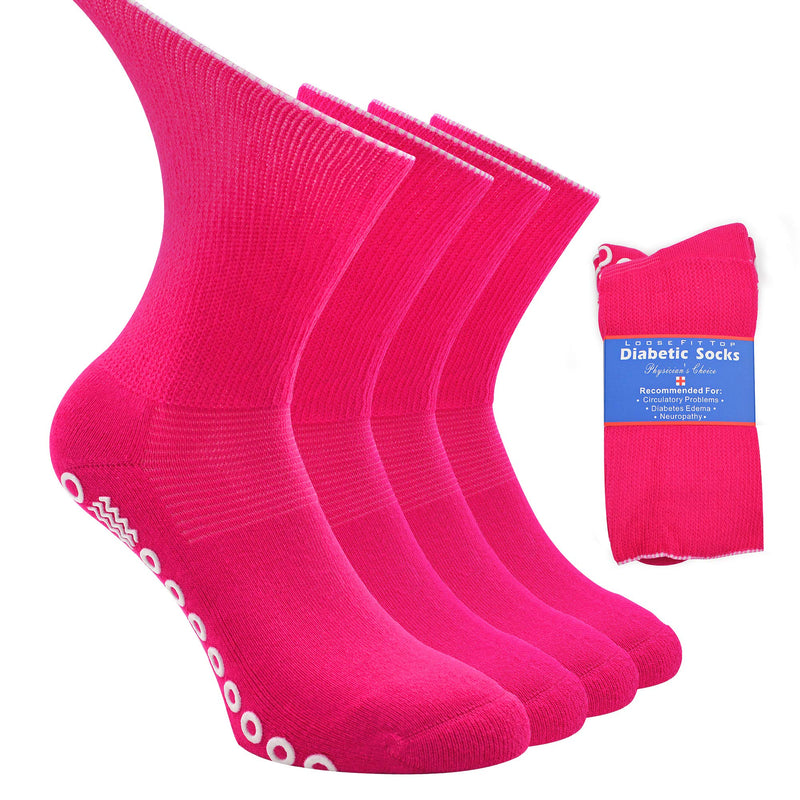 [Australia] - Non-Skid Diabetic Socks for Men Women with Grips, Socks Daze Non-Binding Crew Circulation Half Cushioned Non Slip Socks 10-13 4 Pairs Rose Red 