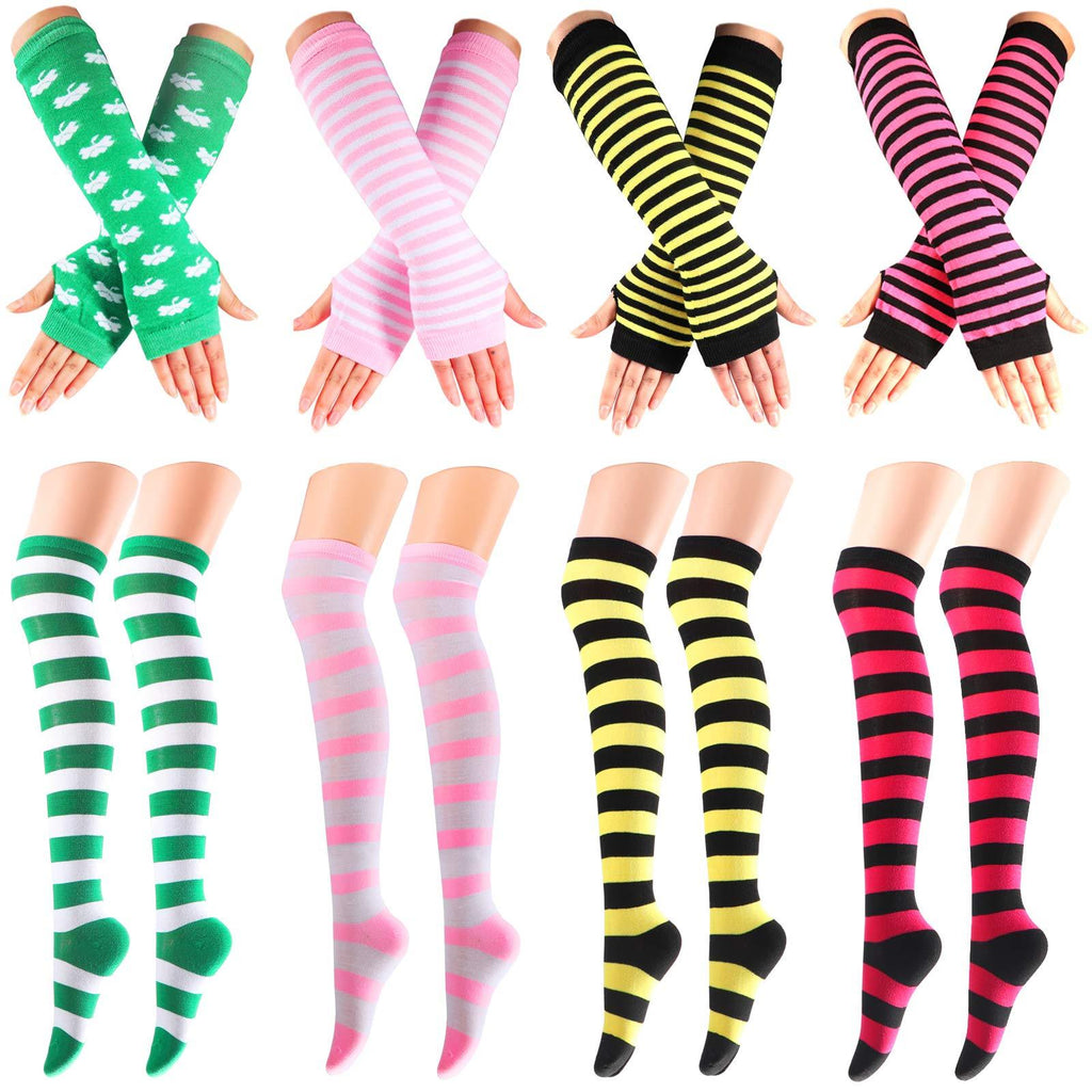 [Australia] - Ibeauti 8 Pcs Womens Striped Knee High Socks Stockings Knitted Long Arm Warmer Fingerless Gloves Set Bright Color 