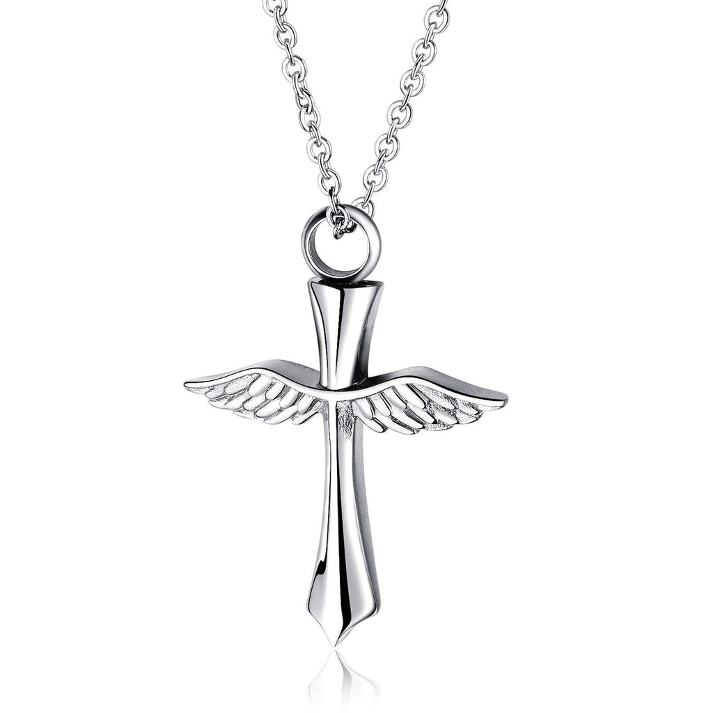 [Australia] - YSAHan Angel Wing Urn Necklace for Ashes Cross Cremation Memorial Pendant Stainless Steel Keepsake Jewelry Silver 