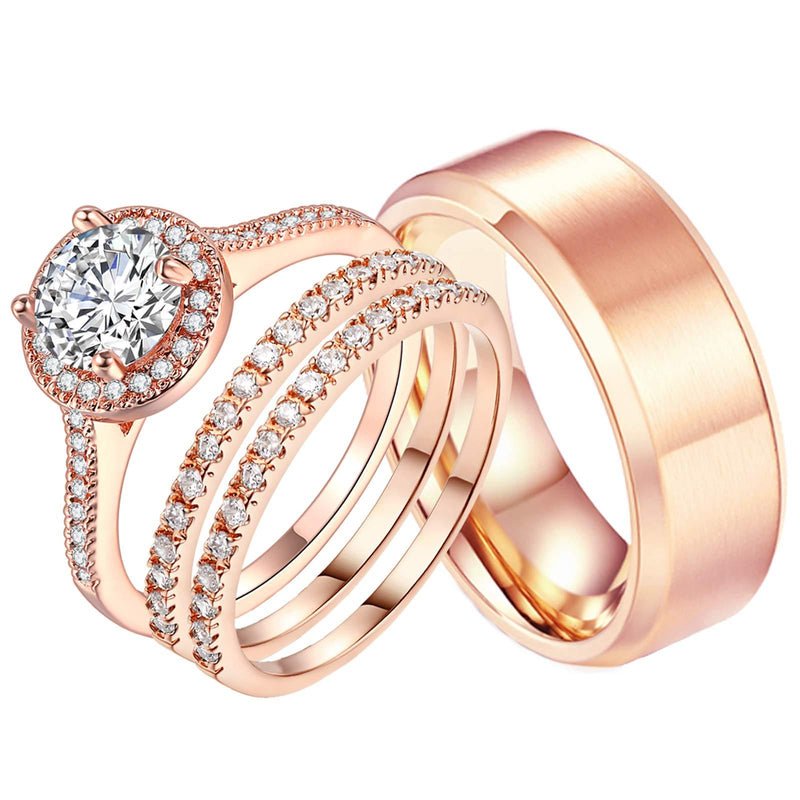 [Australia] - Ahloe Jewelry 1.7Ct Cz 18k Rose Gold Wedding Ring Sets for Him and Her Women Men Titanium Stainless Steel Bands Couple Rings Women's Size 10 & Men's Size 10 