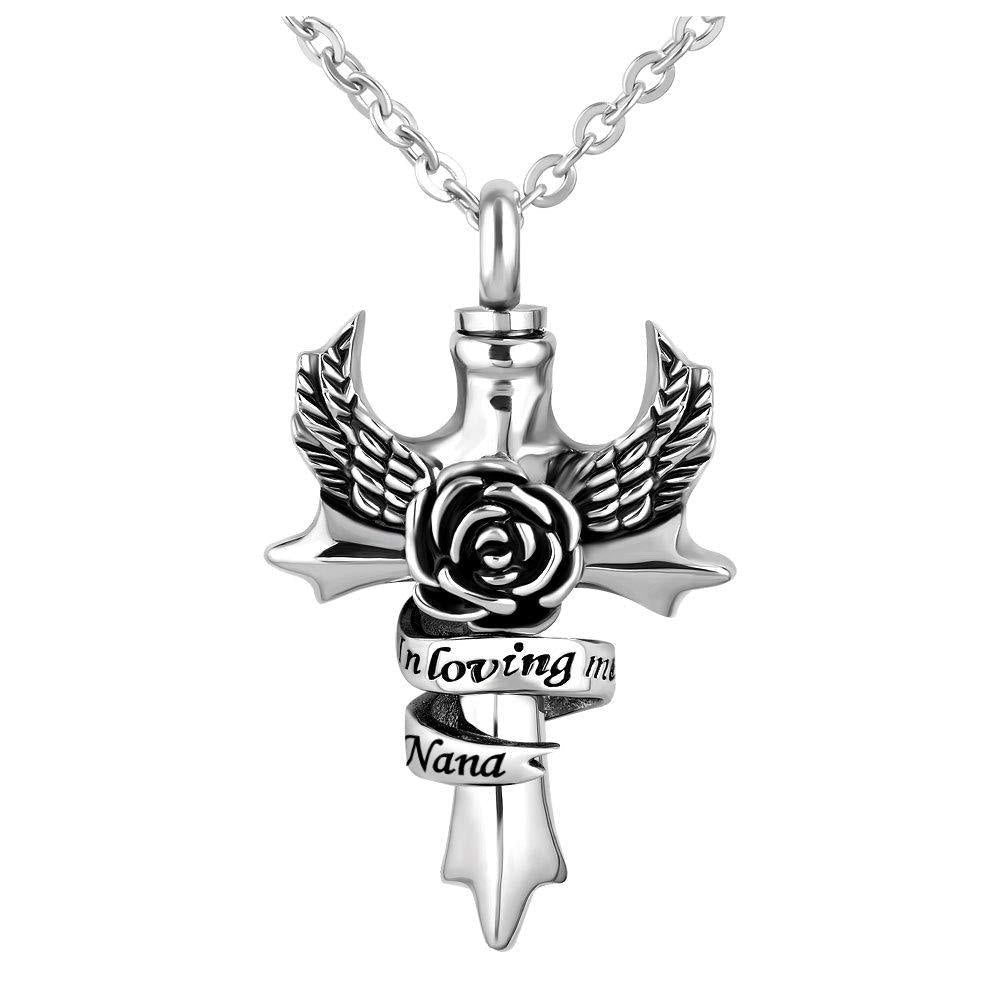 [Australia] - YSAHan in Loving Memory Cross Urn Necklace for Ashes Angel Wing Cremation Memorial Pendant Stainless Steel Waterproof Jewelry Nana 