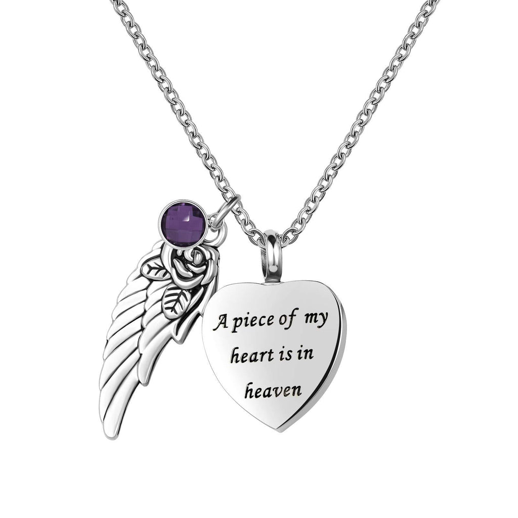 [Australia] - YSAHan Cremation Heart Urn Necklace Ashes Angel Wing Charm Jewelry for Women Men with 12 Birthstones Memorial Pendant Keepsake-A Piece of My Heart is in Heaven Feb 