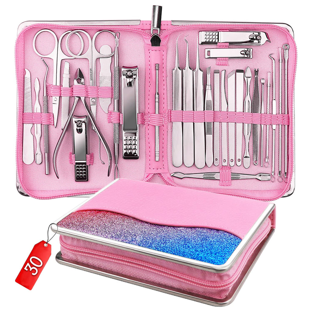 [Australia] - Manicure Set, 30 in 1 Nail Clipper Set, Pink Pedicure Kit for Pedicure Manicure Cutter, Stainless Steel Nail Care Kit for Men And Women with Case 