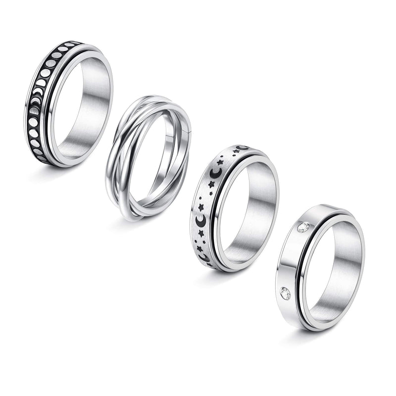 [Australia] - UBGICIG 4 Pcs Stainless Steel Spinner Ring for Women Mens Fidget Band Cool Rings Moon Star Celtic Stress Relieving Wide Wedding Promise Rings Set(Size 5-9) 