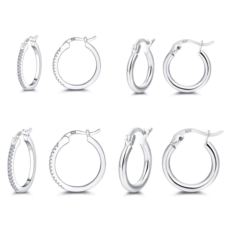 [Australia] - Small Silver Hoop Earrings 925 Sterling Silver Hypoallergenic Cubic Zirconia Cuff Earrings 4 Pairs Huggie Hoop Earrings for Women Men Girls 13mm 15mm 1#Silver 2 pair cz small hoop earrings,2 pairs small silver hoop earrings 