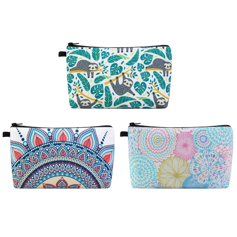 [Australia] - MAGEFY Makeup Bag 3 Styles Portable Travel Cosmetic Bag for Women Flower Patterns Zipper Pouch Sloth Gifts Makeup Pouch for Girls with Black Zipper (3 packs) 3 packs 