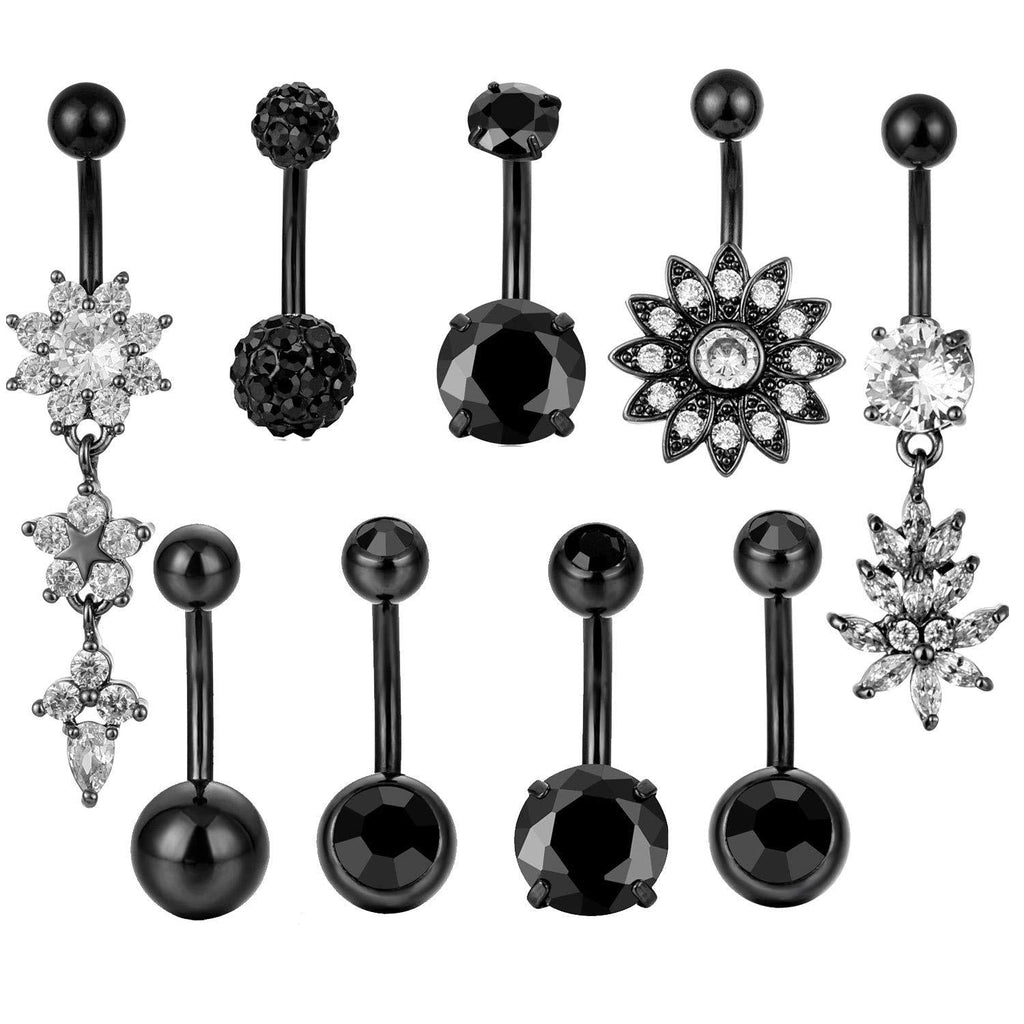 [Australia] - JDXN 9PCS Belly Button Ring Stainless Steel Black Dangle Cubic Zirconia Belly Rings for Women Navel Rings Body Piercing Jewelry 