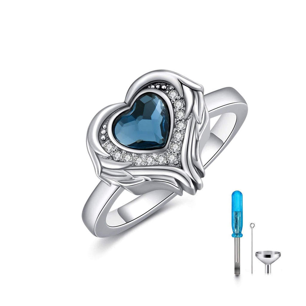 [Australia] - AOBOCO 925 Sterling Silver Angel Wings Heart Cremation Ring Holds Loved Ones Ashes, Heart Urn Ring for Ashes for Women, Memorial Keepsake Ring Embellished with Crystals from Austria Blue 6 