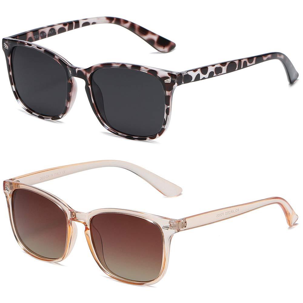 [Australia] - DUSHINE Polarized Sunglasses for Women Classic Retro Style 100% UV Protection A1 Leopard/Grey+transparent Brown(2 Pack) 
