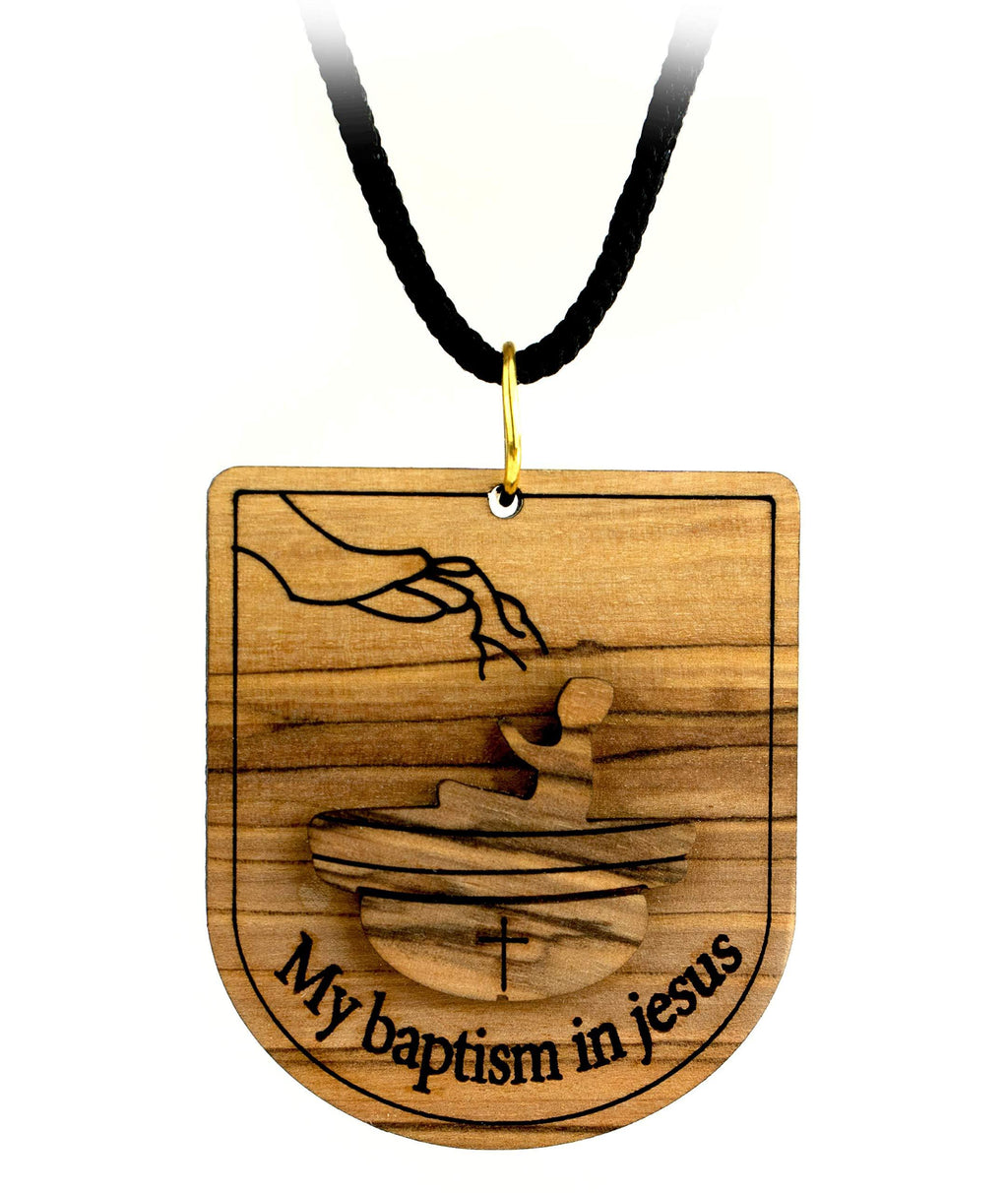 [Australia] - Baptism Necklace, 1.75" Holy Land Olive Wood Pendant with 30" Adjustable Cord, Religious Commemorative Baptismal Gift for Boys & Girls, Religious Keepsake for First Baptism 