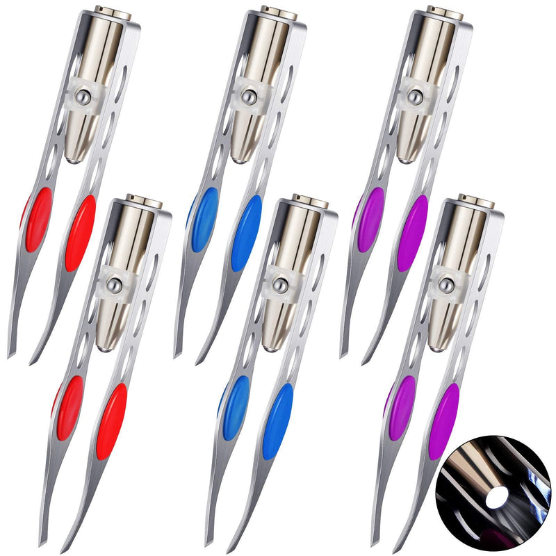 [Australia] - 6 Pieces Tweezers with LED Light, Stainless Steel Makeup LED Light Eyelash Eyebrow Hair Removal Tweezers Illuminating Lighted Tweezers for Precision Hair Removal Men Women, Red, Purple, Dark Blue 