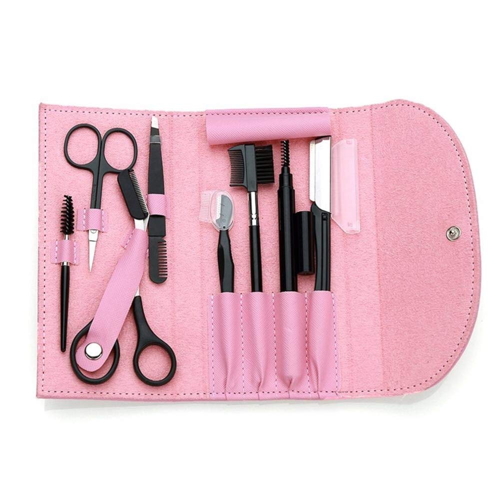 [Australia] - 8PCS/SET Eyebrow Shaping Grooming Kit, Eyebrow Scissors, Eyebrow Pencil, Eyebrow Brush Trimmer, Brush, Beauty Tools Set with Leather Bag (pink) pink 