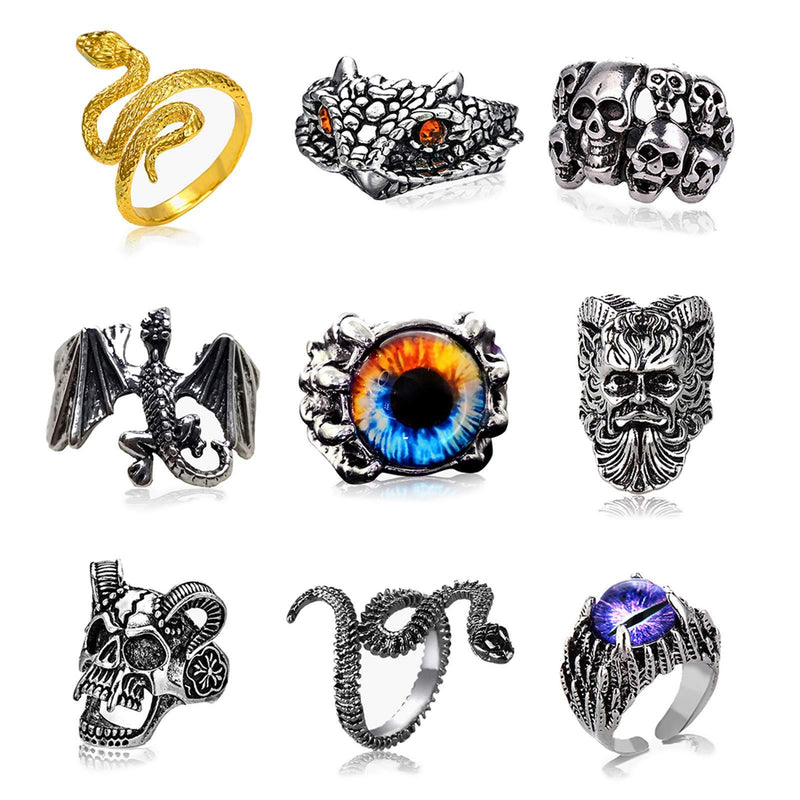 [Australia] - Evil Eye Skull Snake Ring Jewelry for Women Men, Adjustable Punk Gothic Ring Jewelry Biker Pirate Egirl Eboy Ring Set 