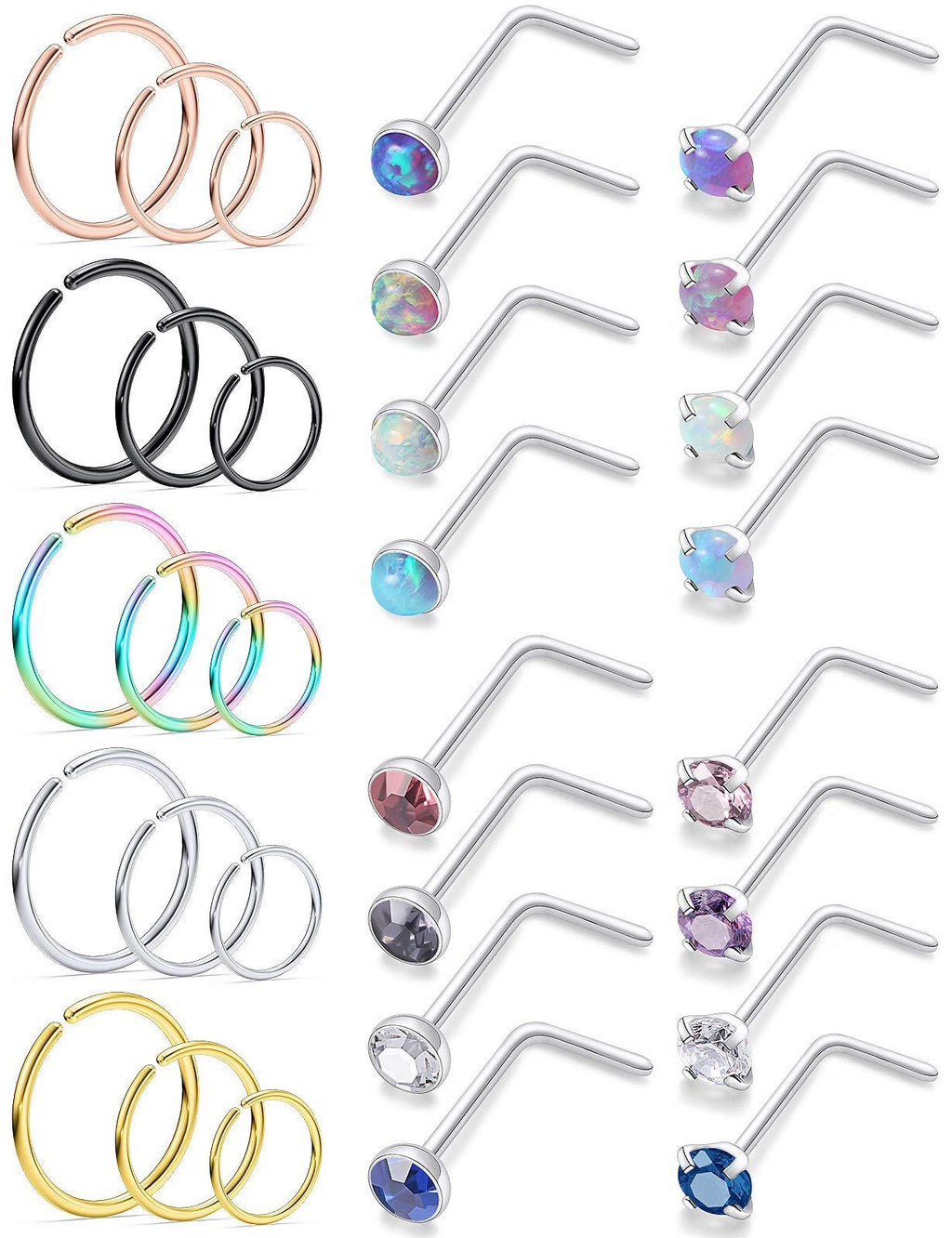 [Australia] - Boernfnso 20G Nose Rings for Women Nose Studs Nose Piercing Jewelry Nose Ring Hoop Screw 316L Stainless Steel for Women Men L Shaped Nostril Piercing Jewelry Opal Nose Rings 