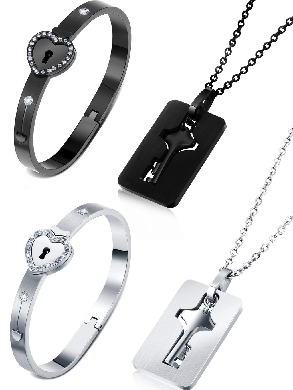 [Australia] - Hicarer 2 Sets Couple Heart Charm Lock Bracelet and Key Necklace Lock Matching Bangle Titanium Steel Couples Jewelry Set for Valentine's Day Wedding Anniversary Chic Rhinestones Style 