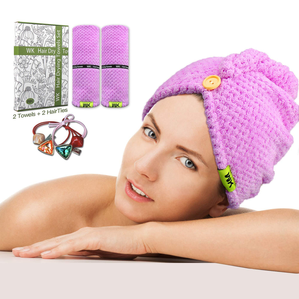 [Australia] - WK Hair Towel Wrap Fast Drying Hair Turban, Anti-Frizz Microfiber Wet Hair Wrap Towel for Women, Super Absorbent Hair Dry Towels Cap for Bath, 2 Pieces 25 x 10 Inch Box (Purple) Purple 