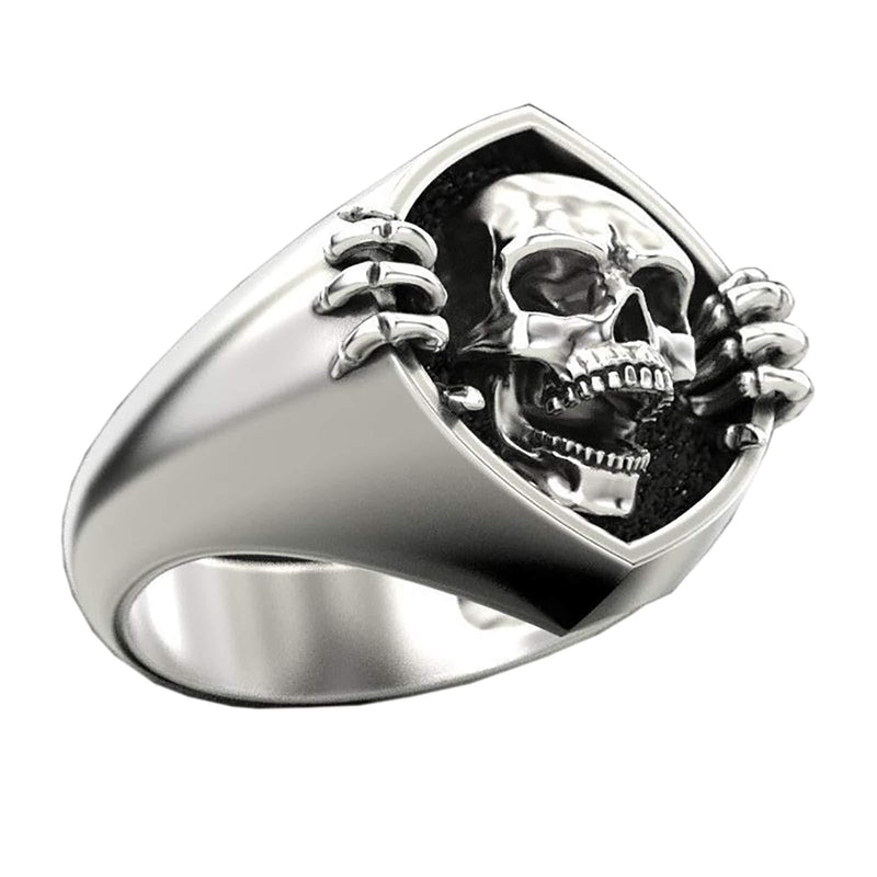 [Australia] - Deyatt Vintage Punk Gothic Skull Men's Ring 925 Sterling Silver Plated Skeleton Head Biker Rings for Men 7 