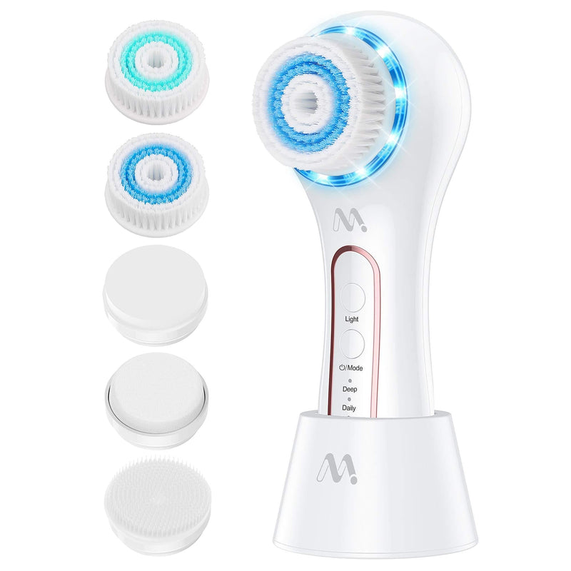 [Australia] - Electric Facial Cleansing Brush Waterproof Face Brush Spin Rechargeable Misiki IPX7 Exfoliating Face Brush with 3 Mode, 5 Brush Head for Exfoliating, Massaging, Removing Blackhead 2-White 
