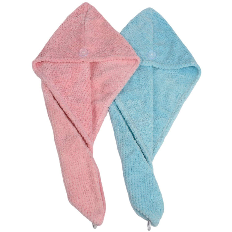 [Australia] - 2 Pack,Hair Care Towel,Microfiber Hair Fast Drying Dryer Towel Wrap for Women- Hair Turban for Drying Wet Hair,Dry Hair Cap,Hat with Button Shower Wrappe(Pink and Blue) Pink and Blue 