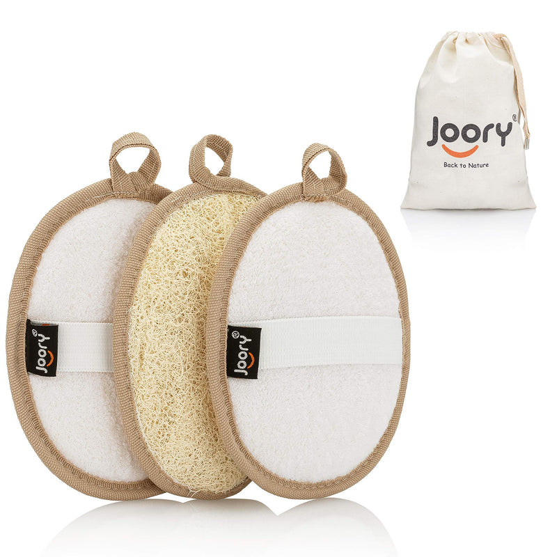 [Australia] - Egyptian Natural Loofah Exfoliating Body Scrubber 3-Pack – Shower Sponges for Men and Women – Eco-Friendly Oval Bath and Body Exfoliators with Palm Straps, Cotton Backing Pads and Linen Carry Bag 