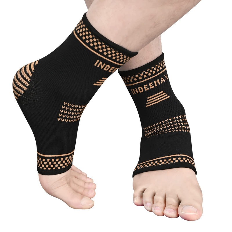 [Australia] - Copper Ankle Brace Set of 2, Copper Infused Compression Ankle Sleeve Support for Women and Men Plantar Fasciitis, Sprained Ankle, Achilles Tendon, Pain Relief, Recovery, Running, Exercise Large Golden Black 