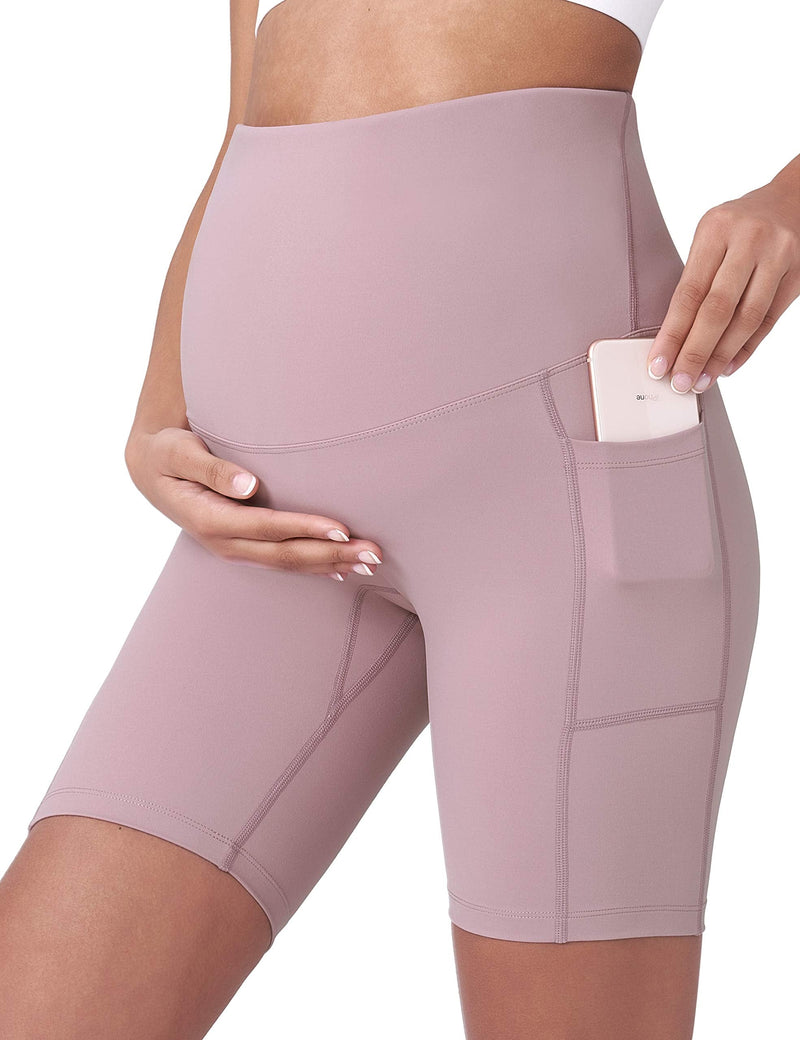 [Australia] - POSHDIVAH Women's Maternity Yoga Shorts Over The Belly Bump Summer Workout Running Active Short Pants with Pockets 5"/8" Large Pink 8" 