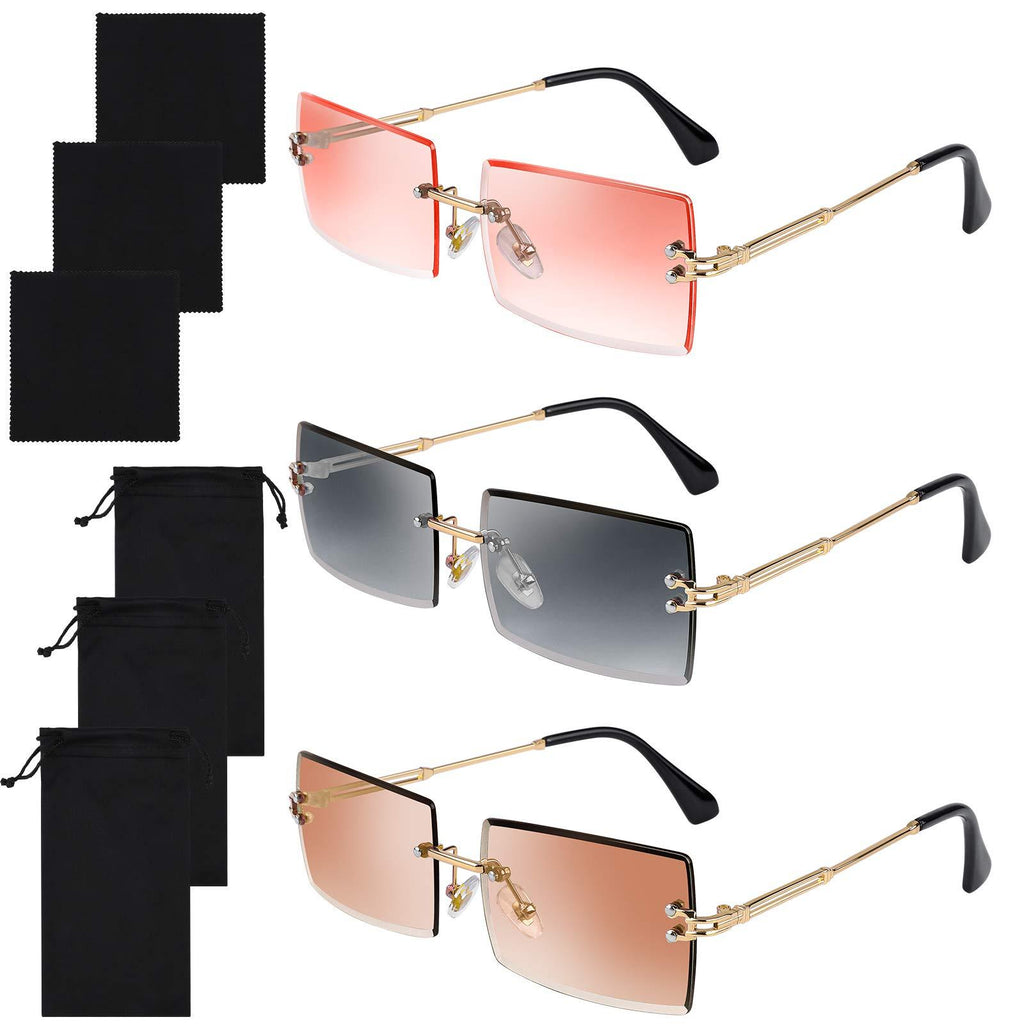 [Australia] - URATOT Rimless Rectangle Sunglasses Clear Retro Sunglasses Vintage Eyewear Metal Frame Eyewear for Women Men 3 Pink, Gray, Tea 