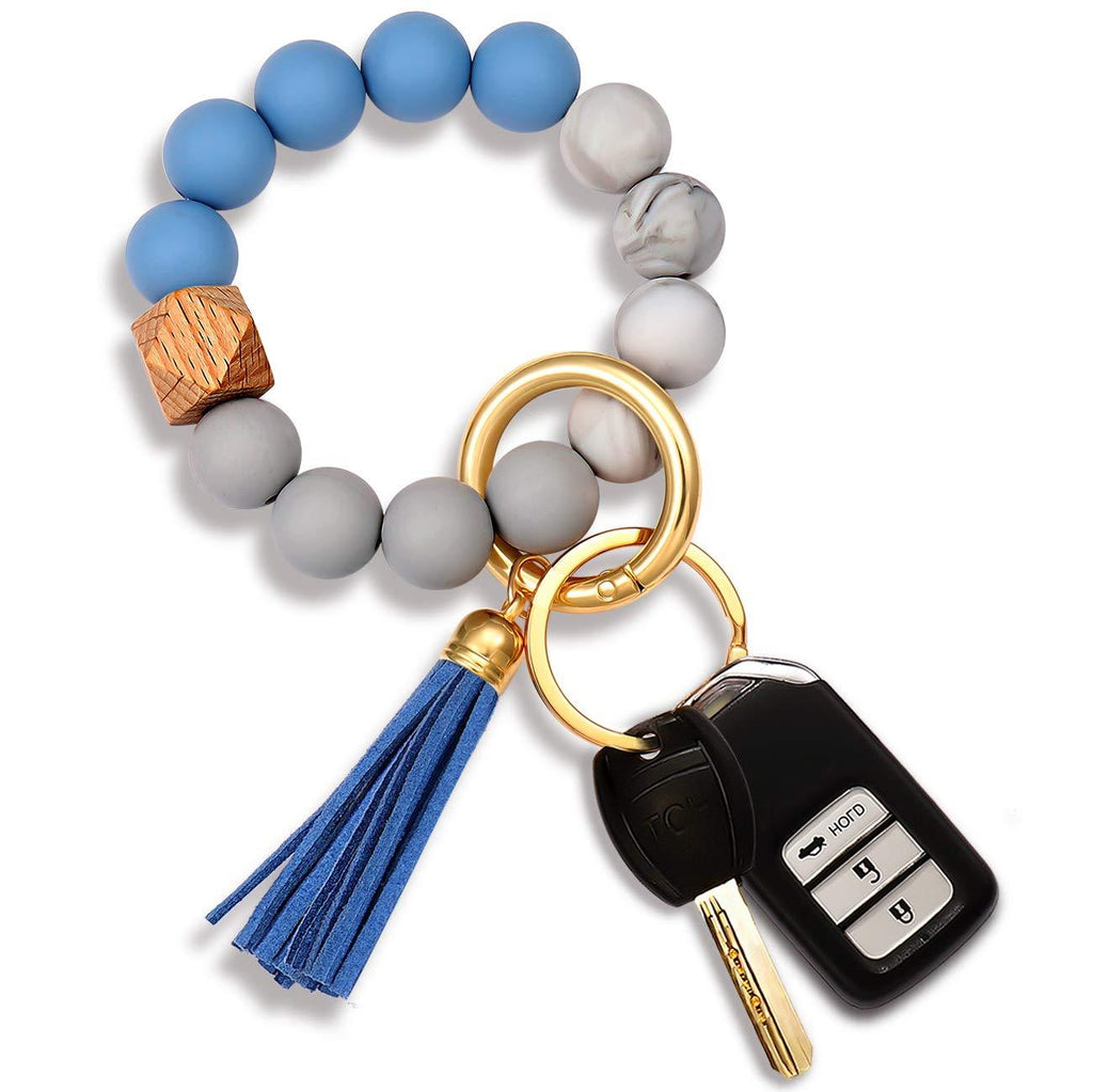 [Australia] - Silicone Key Ring Bracelet Beaded Wrislet Keychain Portable House Car Keys Ring Holder Blue 