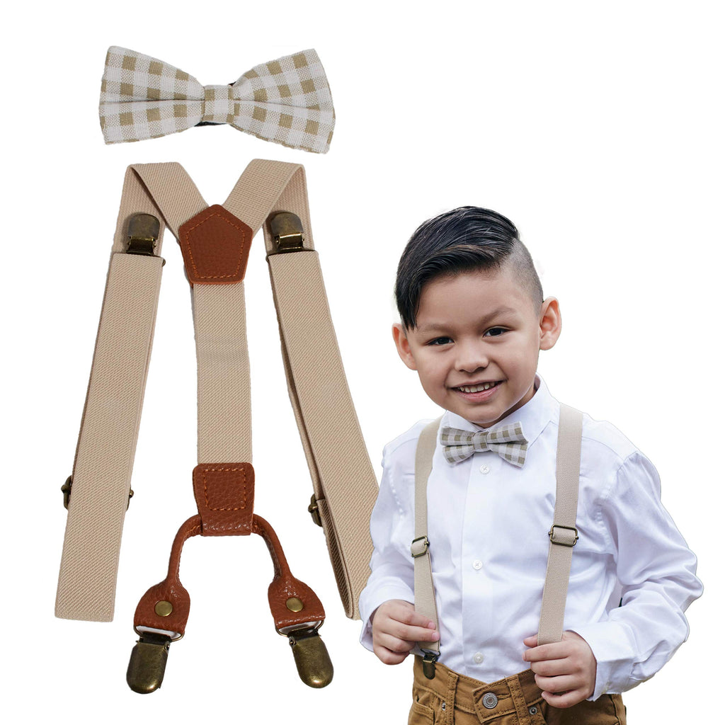 [Australia] - Suspenders and Bow Tie Set Adjustable for Boy Kid Child Son Beige With Beige Bowtie 