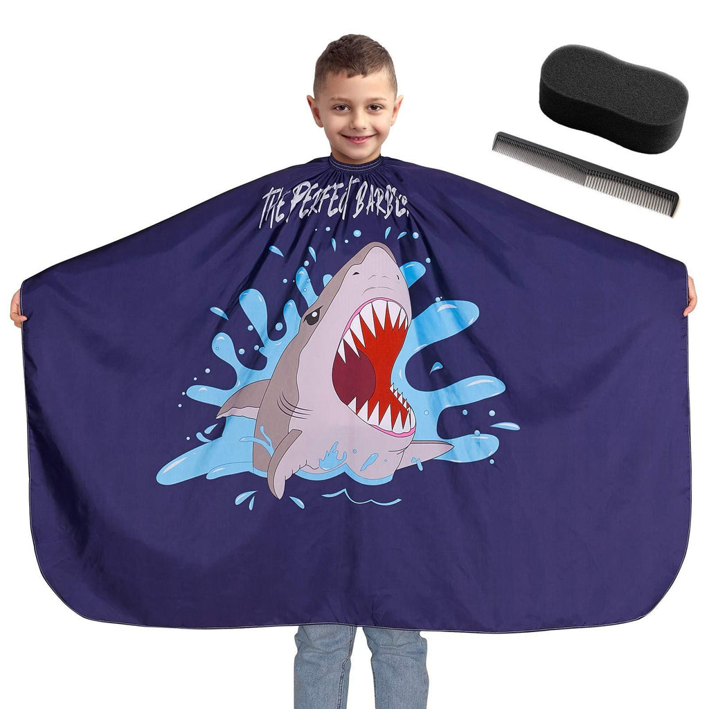 [Australia] - ICOSY Barber Cape for Kids Haircut Barber Cape Cover with Neck Duster and Comb, Shark Kids Boy Salon Styling Cape with Adjustable Snap Closure Navy Blue 